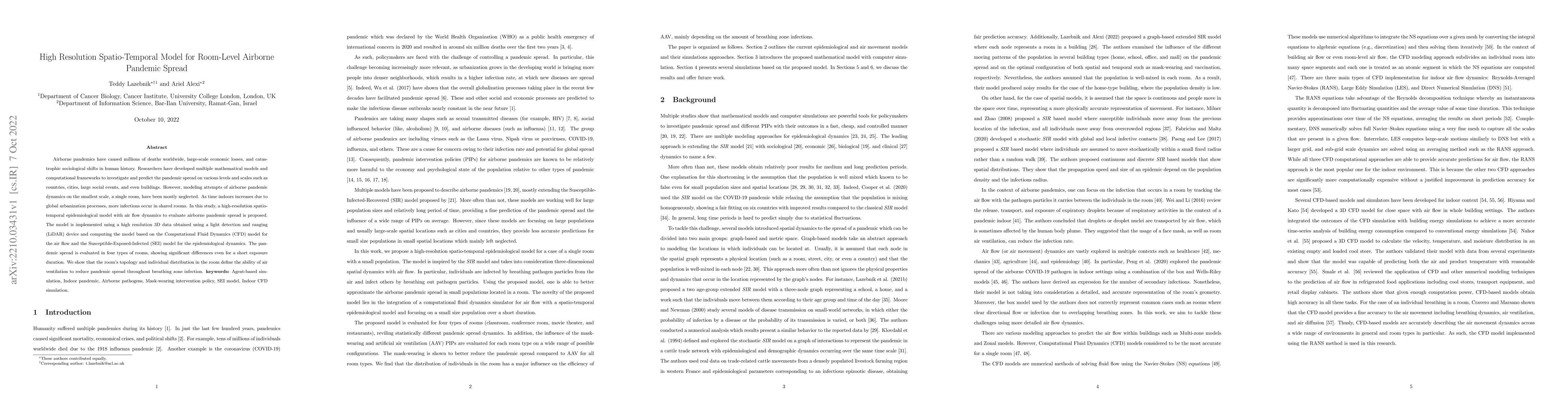 Thumbnail for High Resolution Spatio-Temporal Model for Room-Level Airborne Pandemic
  Spread