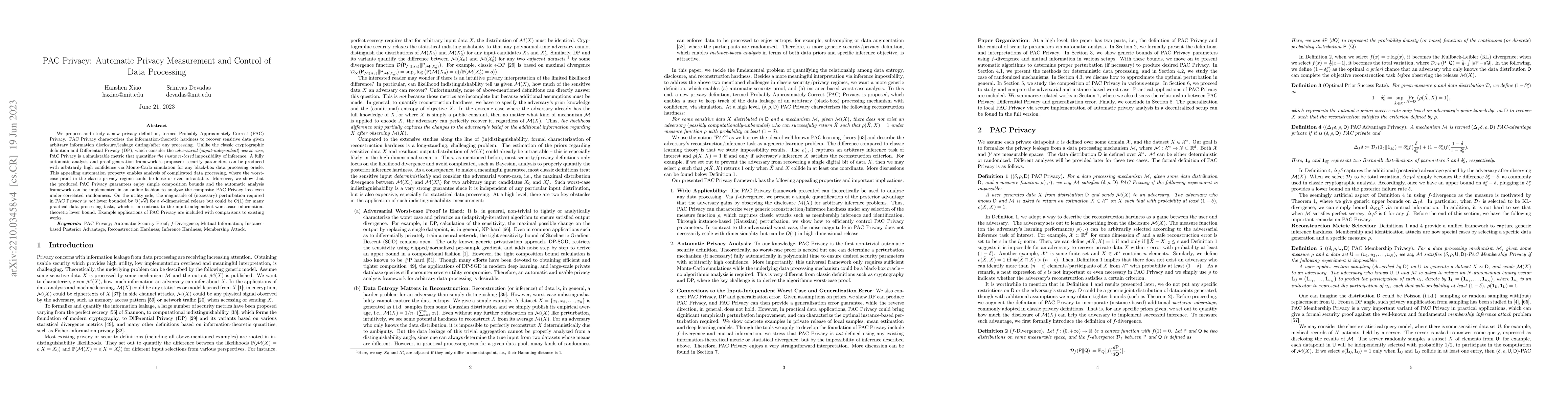 Thumbnail for PAC Privacy: Automatic Privacy Measurement and Control of Data
  Processing