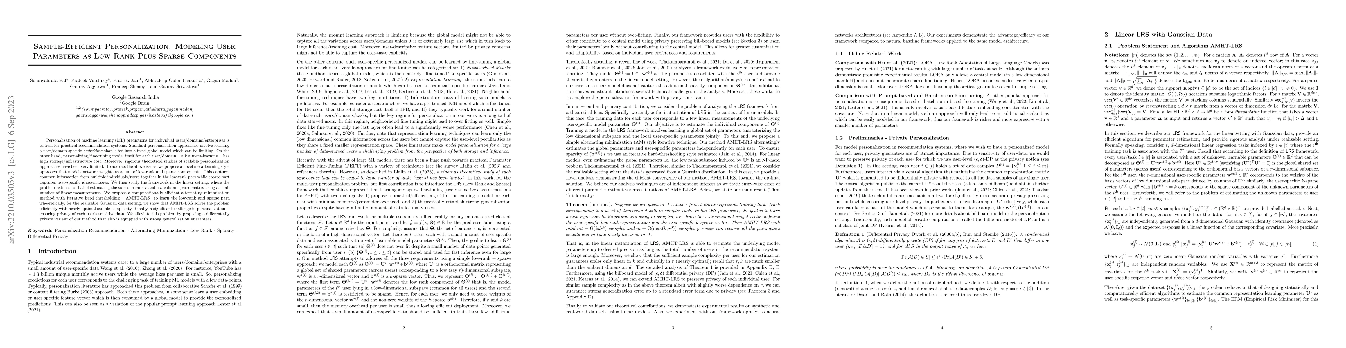 Thumbnail for Sample-Efficient Personalization: Modeling User Parameters as Low Rank
  Plus Sparse Components