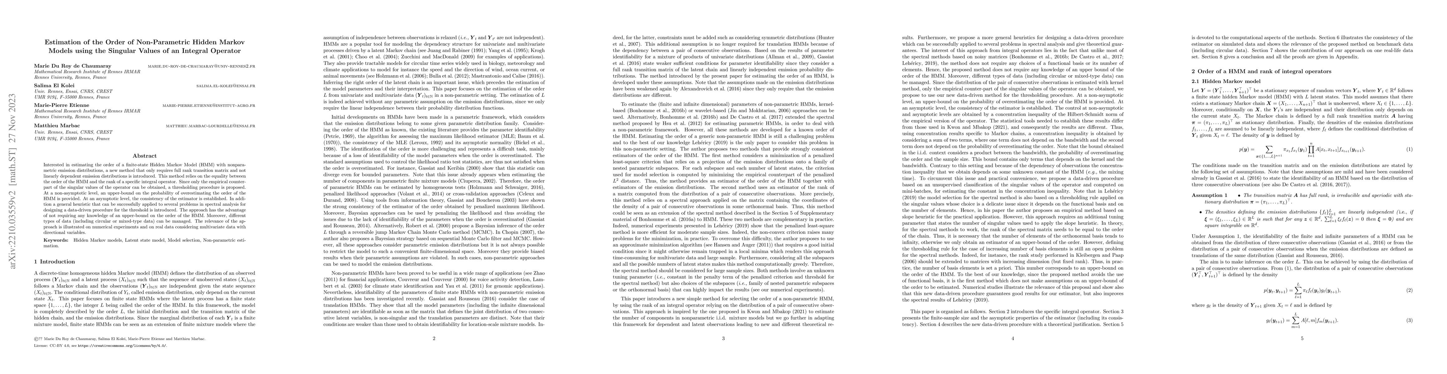 Thumbnail for Estimation of the Order of Non-Parametric Hidden Markov Models using the
  Singular Values of an Integral Operator