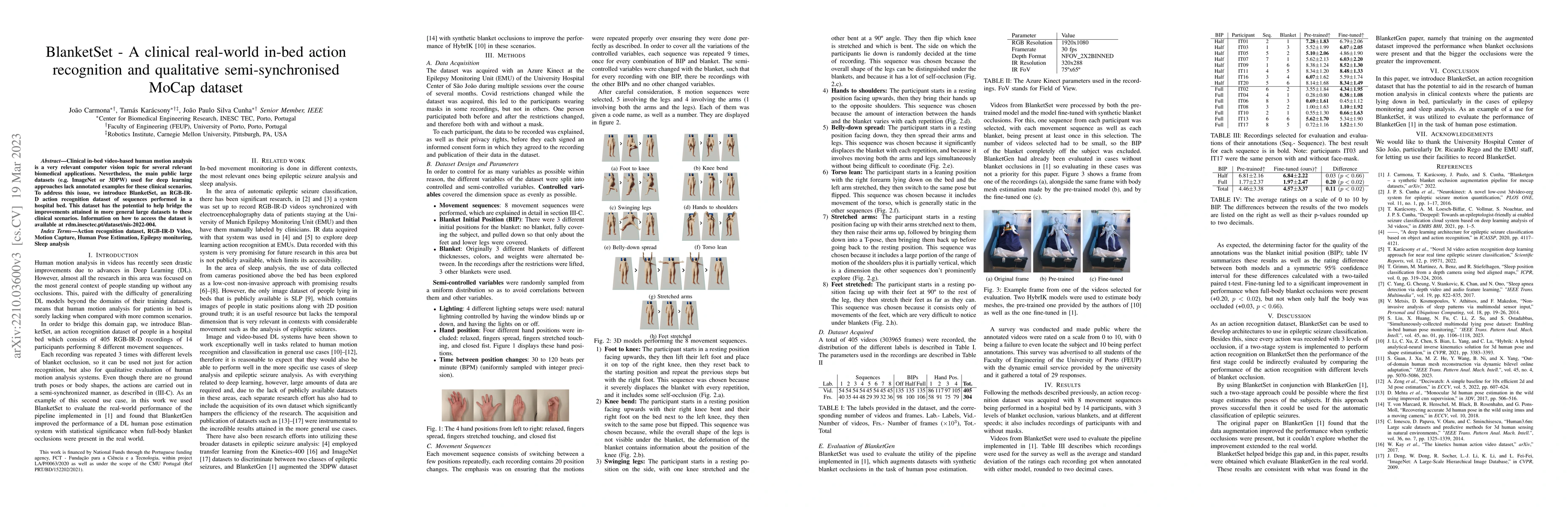 Thumbnail for BlanketSet -- A clinical real-world in-bed action recognition and
  qualitative semi-synchronised MoCap dataset