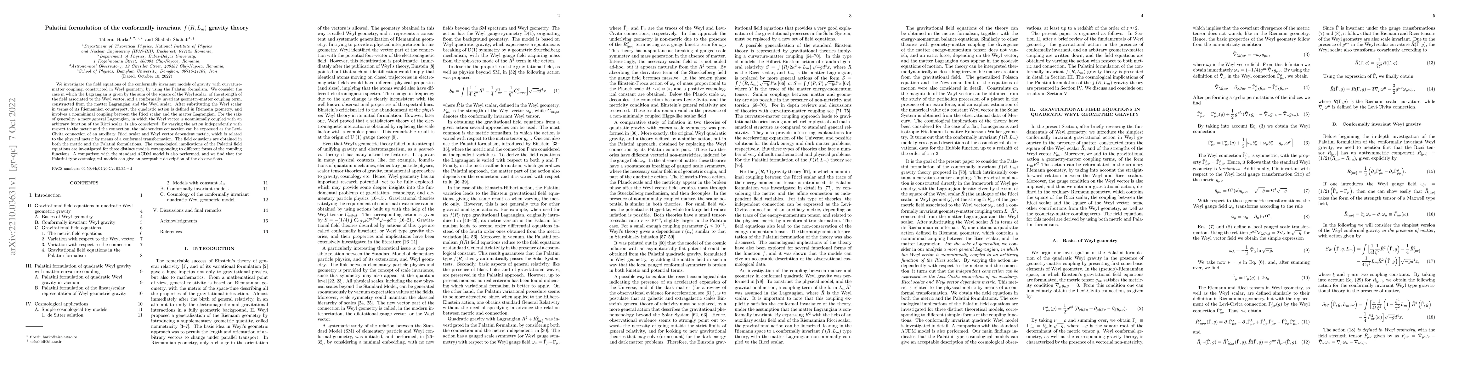 Thumbnail for Palatini formulation of the conformally invariant $f\left(R, L_m\right)$
  gravity theory