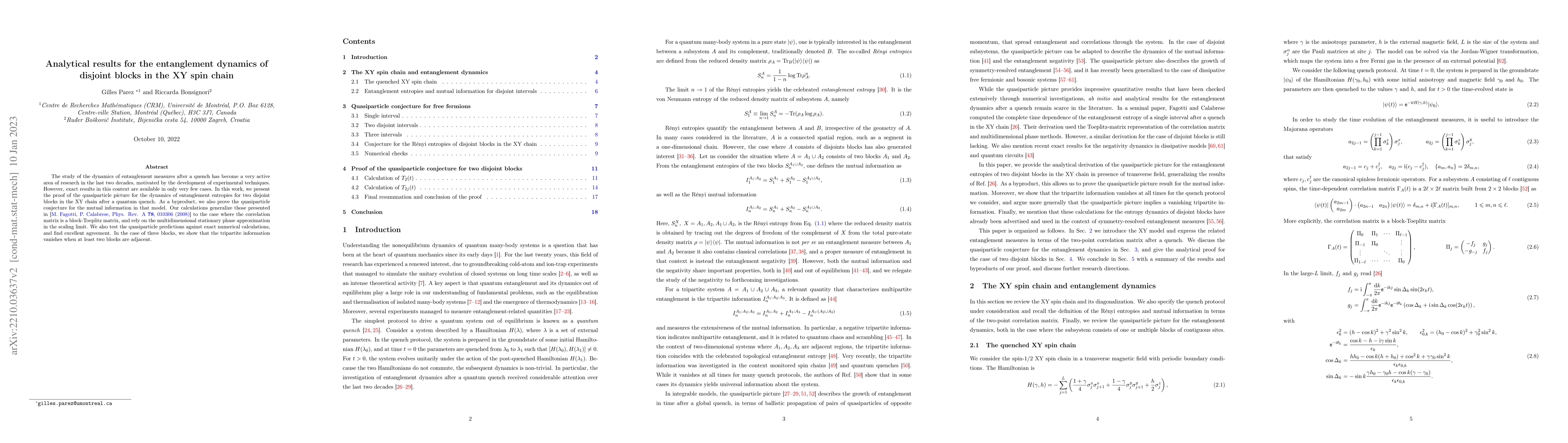 Thumbnail for Analytical results for the entanglement dynamics of disjoint blocks in
  the XY spin chain