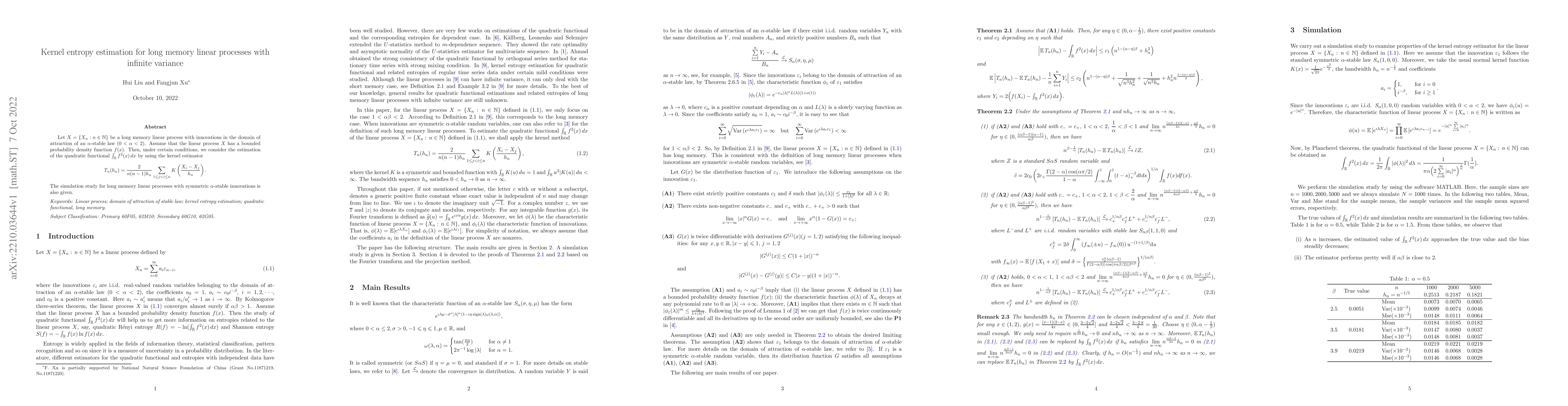 Thumbnail for Kernel entropy estimation for long memory linear processes with infinite
  variance