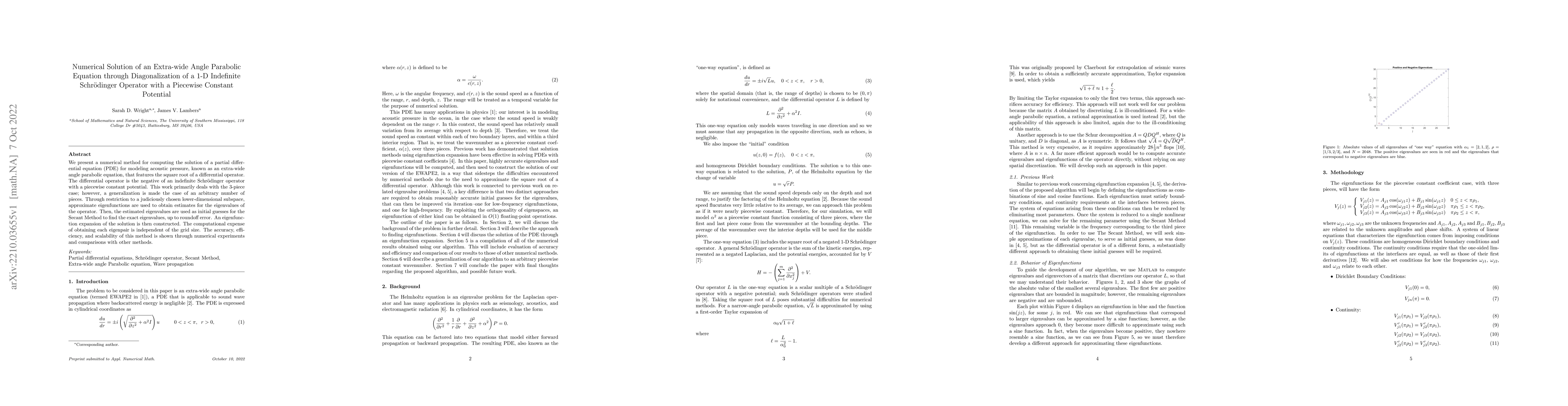 Thumbnail for Numerical Solution of an Extra-wide Angle Parabolic Equation through
  Diagonalization of a 1-D Indefinite Schr\"{o}dinger Operator with a Piecewise
  Constant Potential