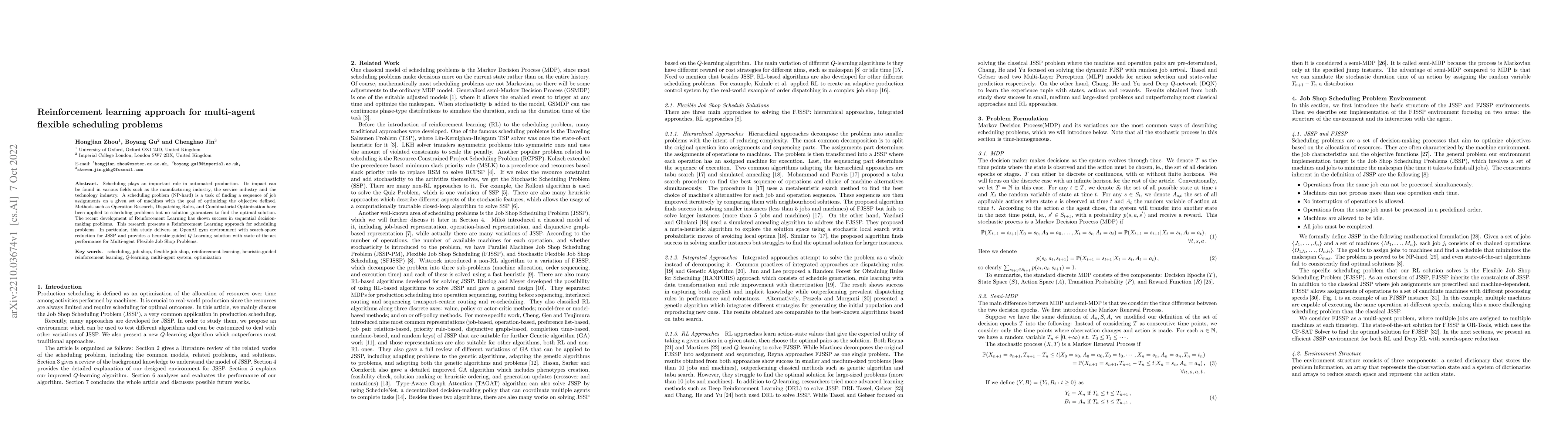 Thumbnail for Reinforcement Learning Approach for Multi-Agent Flexible Scheduling
  Problems