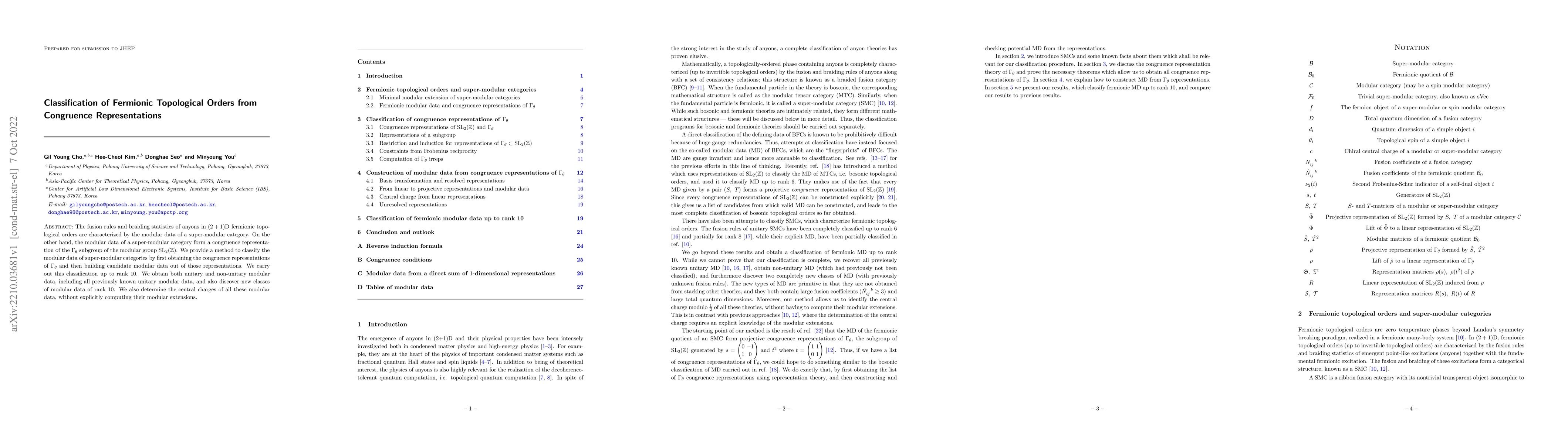 Thumbnail for Classification of Fermionic Topological Orders from Congruence
  Representations