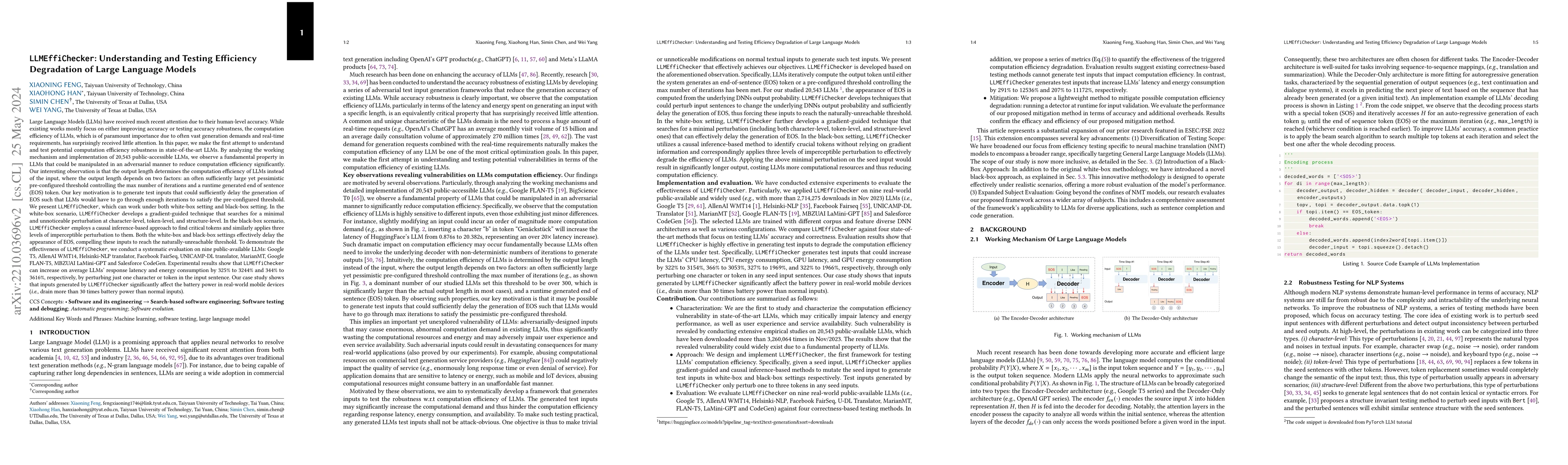 Thumbnail for LLMEffiChecker: Understanding and Testing Efficiency Degradation of
  Large Language Models