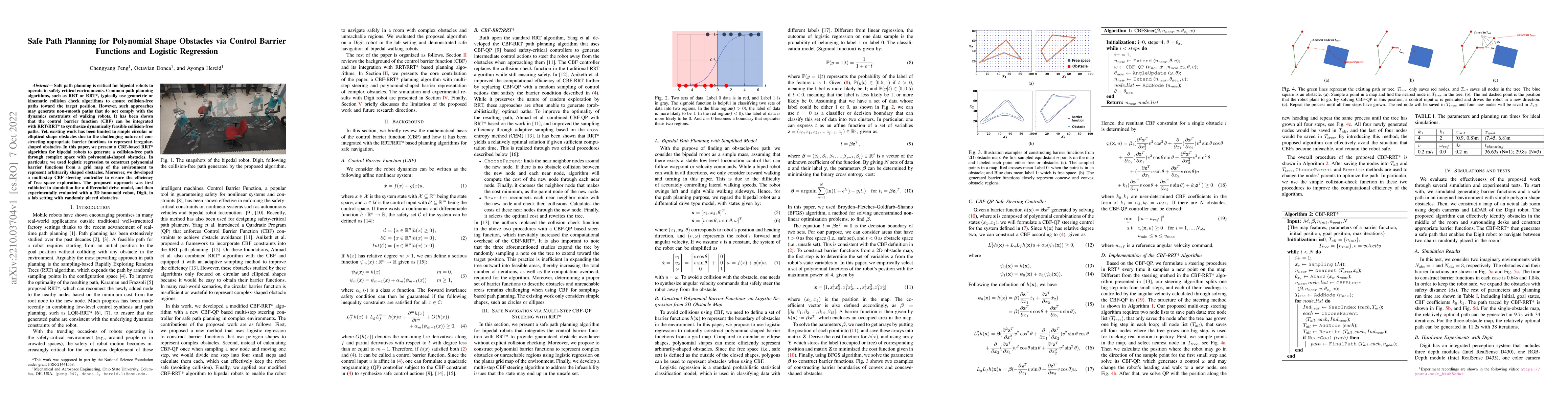 Thumbnail for Safe Path Planning for Polynomial Shape Obstacles via Control Barrier
  Functions and Logistic Regression
