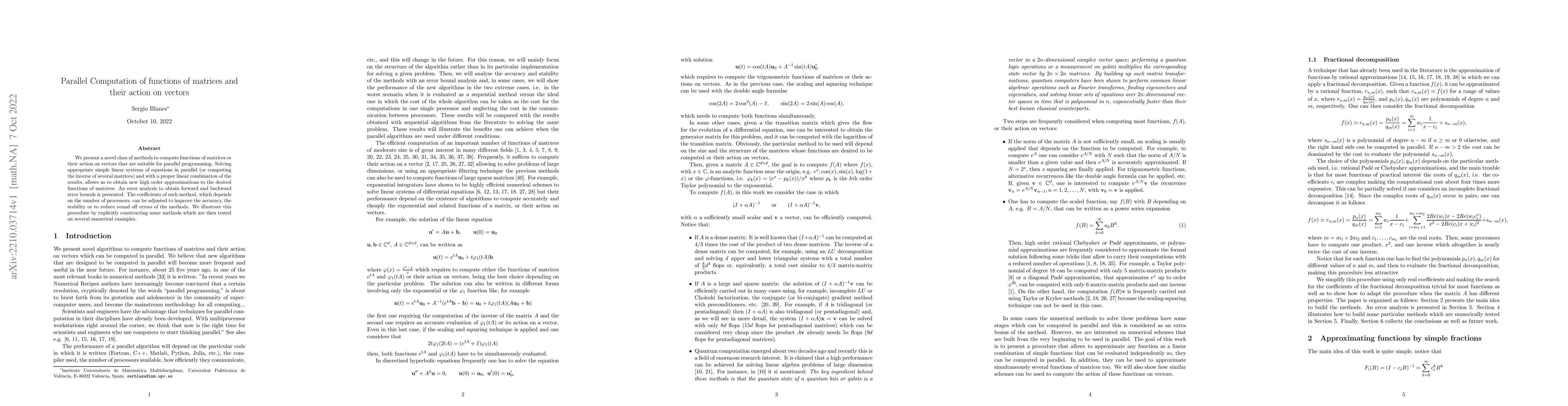 Thumbnail for Parallel Computation of functions of matrices and their action on
  vectors