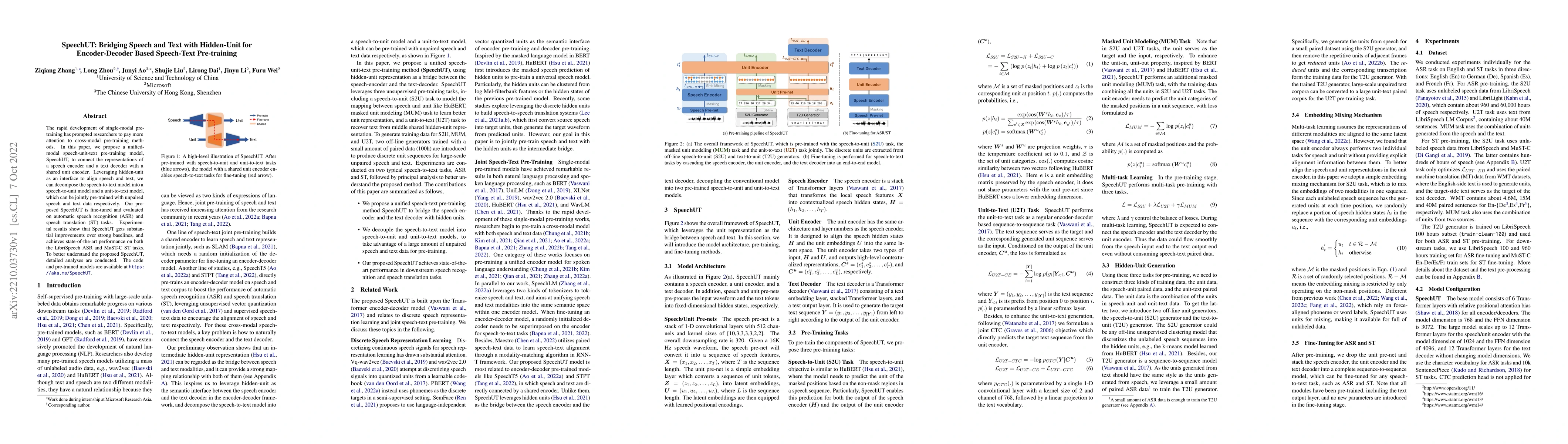 Thumbnail for SpeechUT: Bridging Speech and Text with Hidden-Unit for Encoder-Decoder
  Based Speech-Text Pre-training