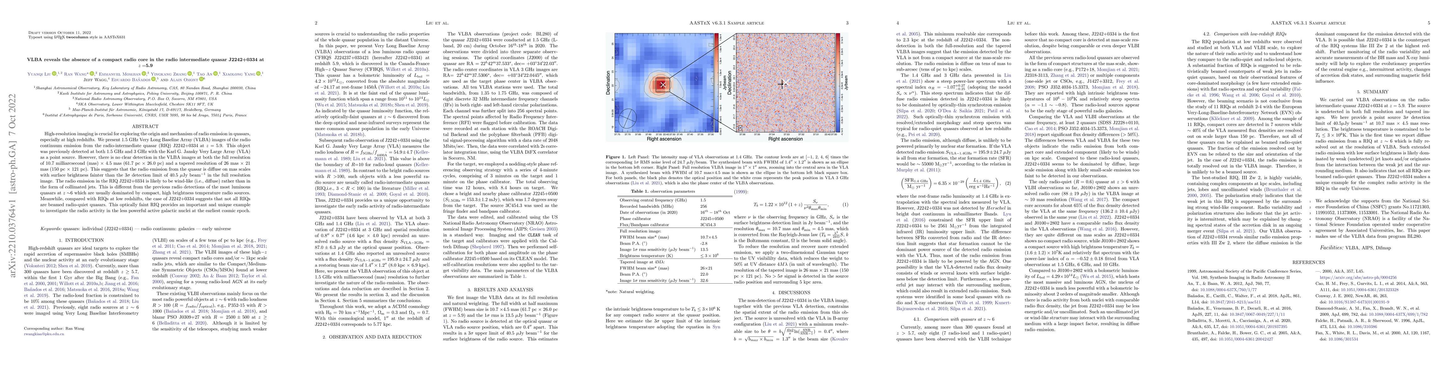 Thumbnail for VLBA reveals the absence of a compact radio core in the radio
  intermediate quasar J2242+0334 at z =5.9