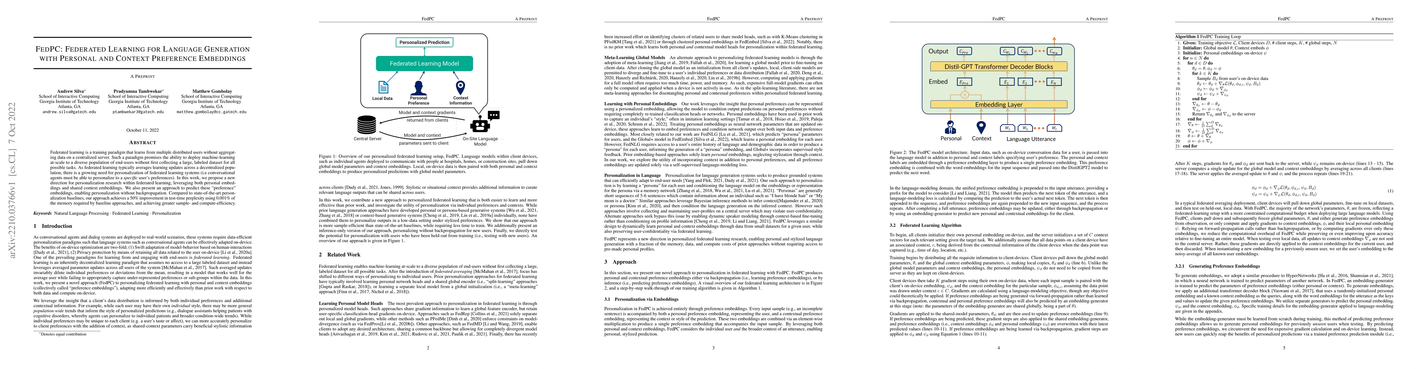 Thumbnail for FedPC: Federated Learning for Language Generation with Personal and
  Context Preference Embeddings