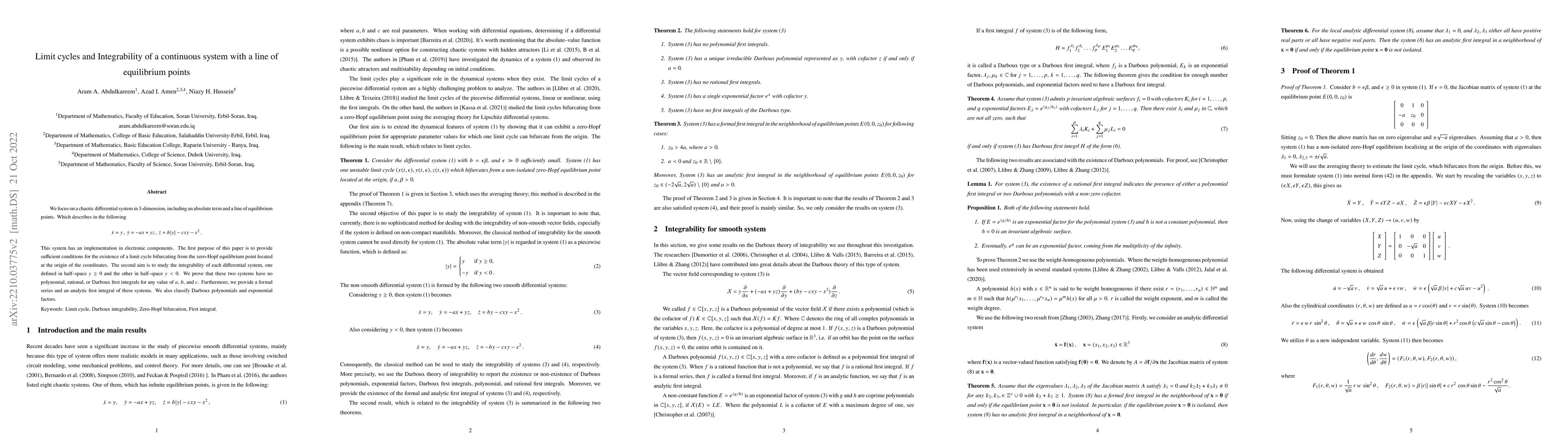 Thumbnail for Limit cycles and Integrability of a continuous system with a line of
  equilibrium points