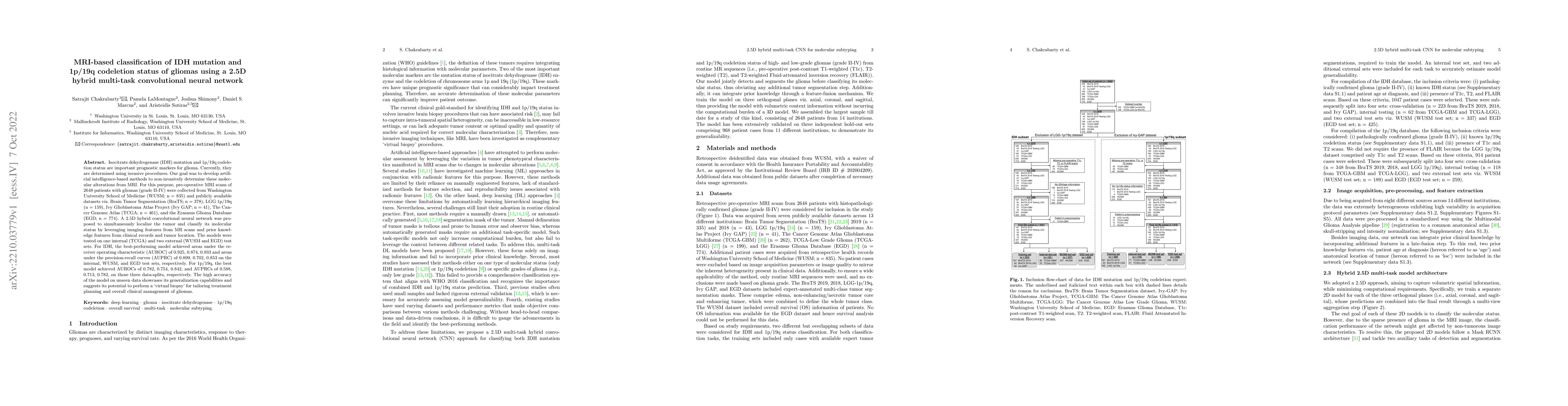 Thumbnail for MRI-based classification of IDH mutation and 1p/19q codeletion status of
  gliomas using a 2.5D hybrid multi-task convolutional neural network