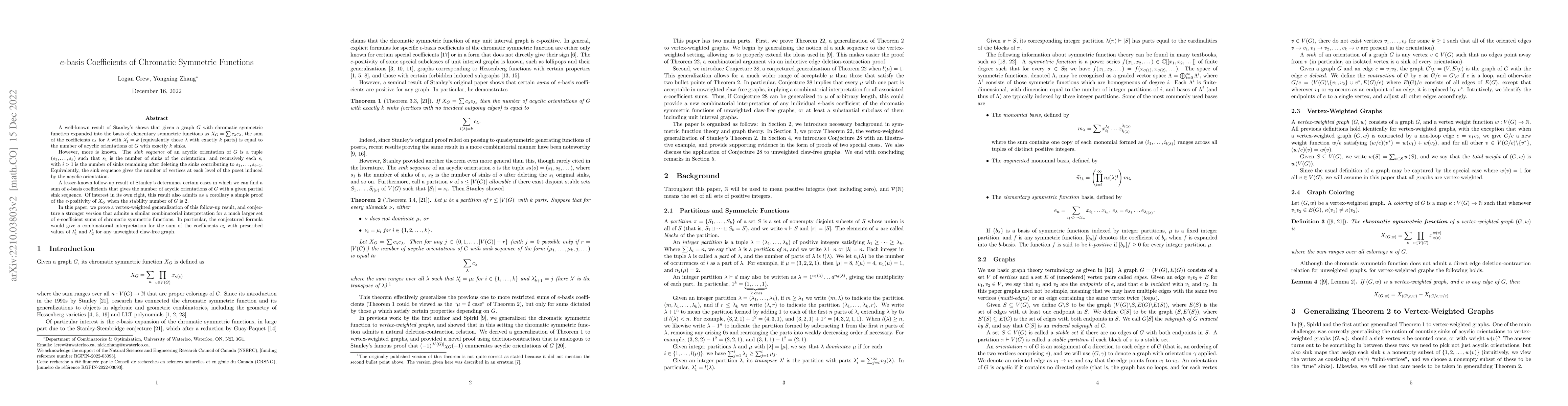 Thumbnail for e-basis Coefficients of Chromatic Symmetric Functions