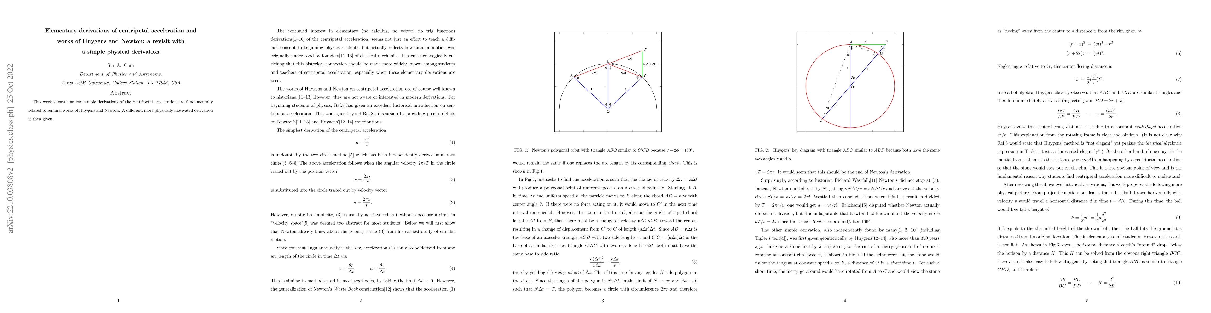 Thumbnail for Elementary derivations of centripetal acceleration and works of Huygens
  and Newton: a revisit with a simple physical derivation