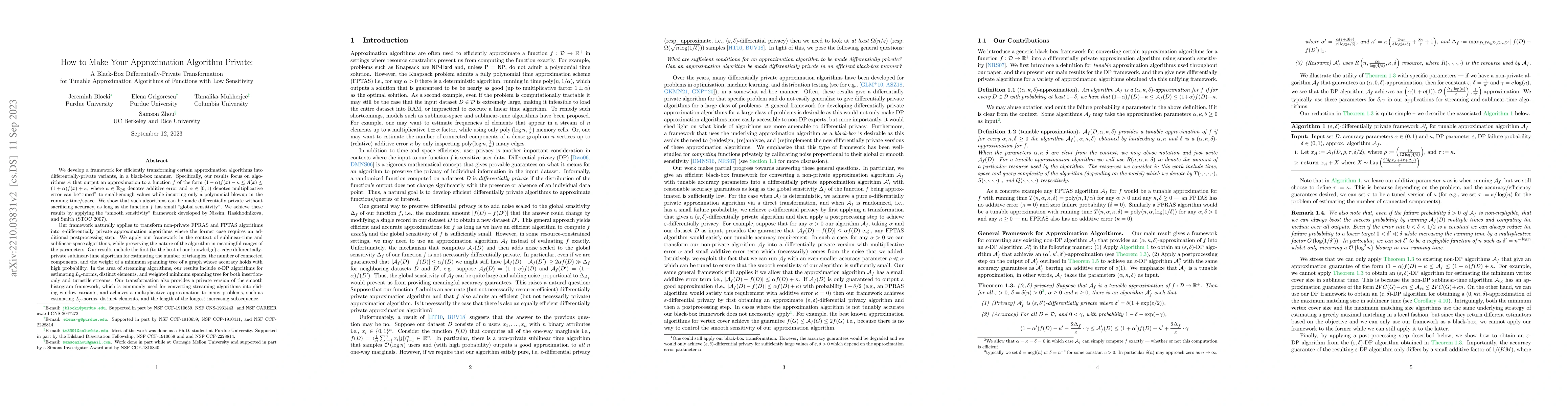 Thumbnail for How to Make Your Approximation Algorithm Private: A Black-Box
  Differentially-Private Transformation for Tunable Approximation Algorithms of
  Functions with Low Sensitivity
