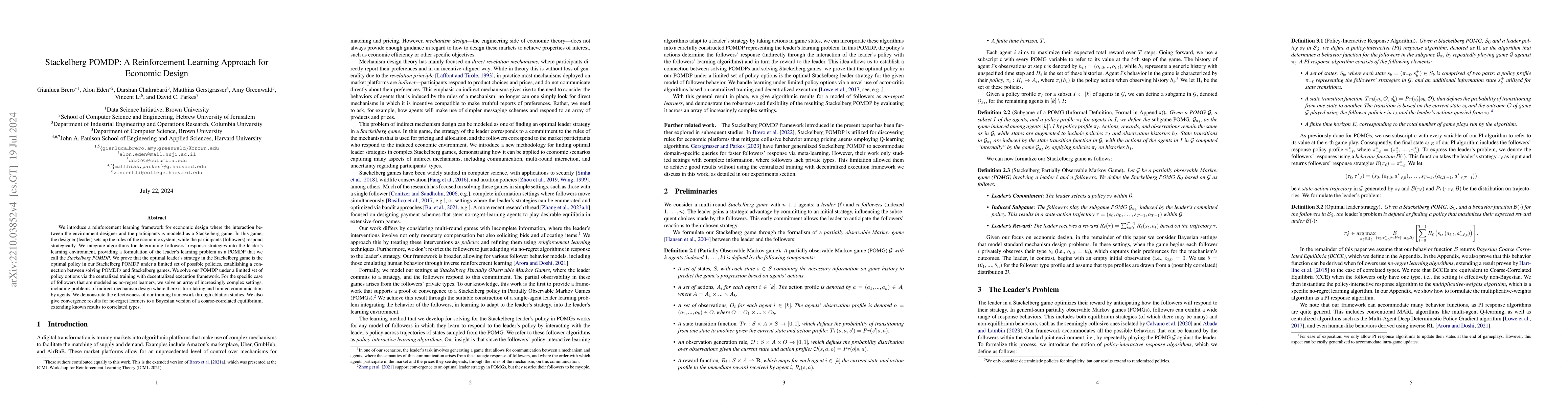 Thumbnail for Stackelberg POMDP: A Reinforcement Learning Approach for Economic Design