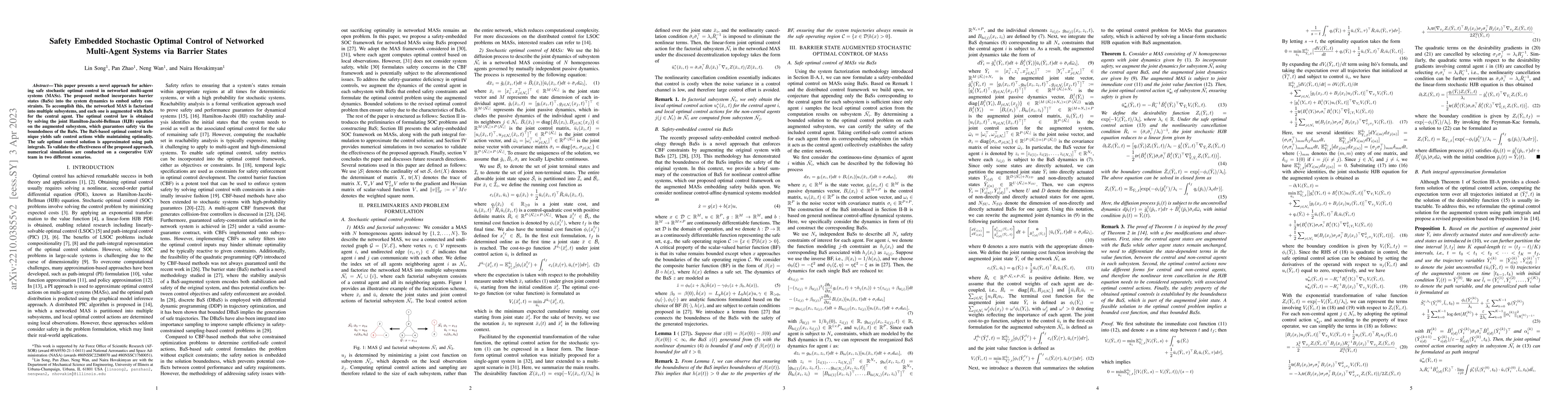 Thumbnail for Safety Embedded Stochastic Optimal Control of Networked Multi-Agent
  Systems via Barrier States
