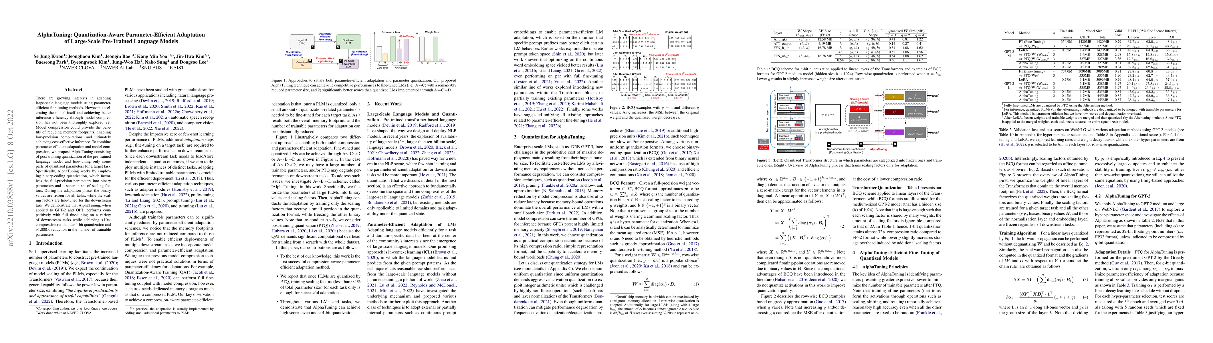 Thumbnail for AlphaTuning: Quantization-Aware Parameter-Efficient Adaptation of
  Large-Scale Pre-Trained Language Models