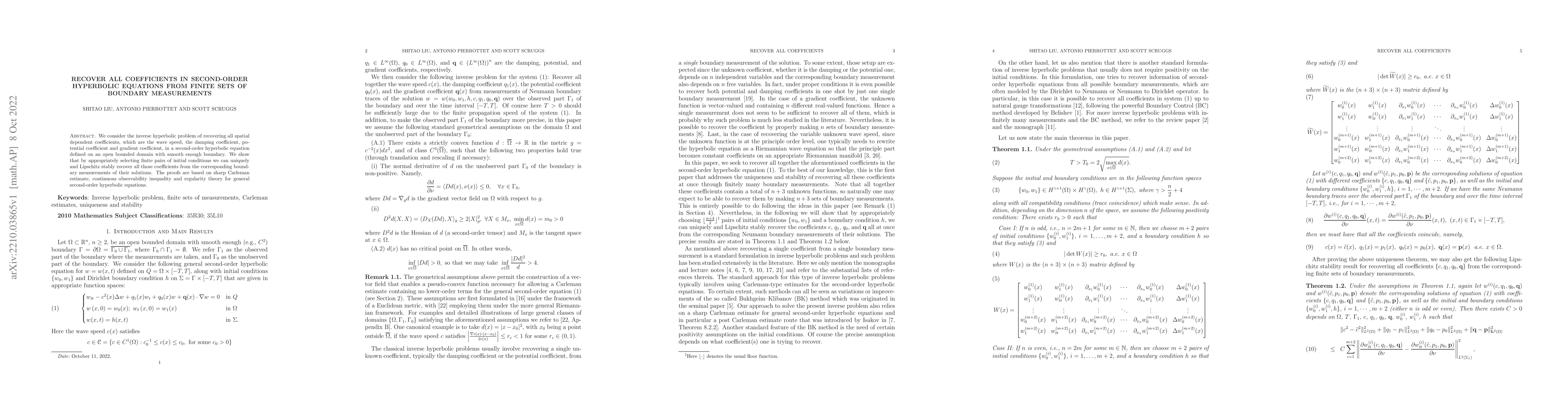 Thumbnail for Recover all Coefficients in Second-Order Hyperbolic Equations from
  Finite Sets of Boundary Measurements