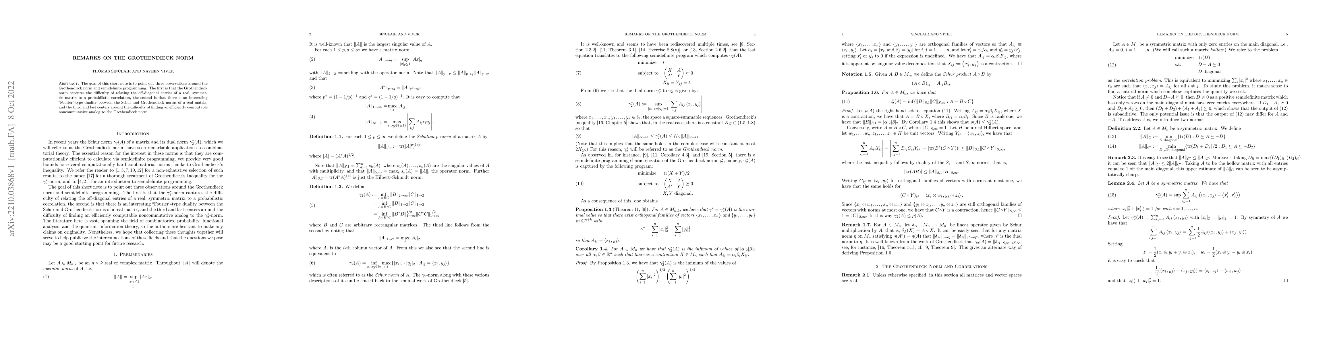 Thumbnail for Remarks on the Grothendieck norm