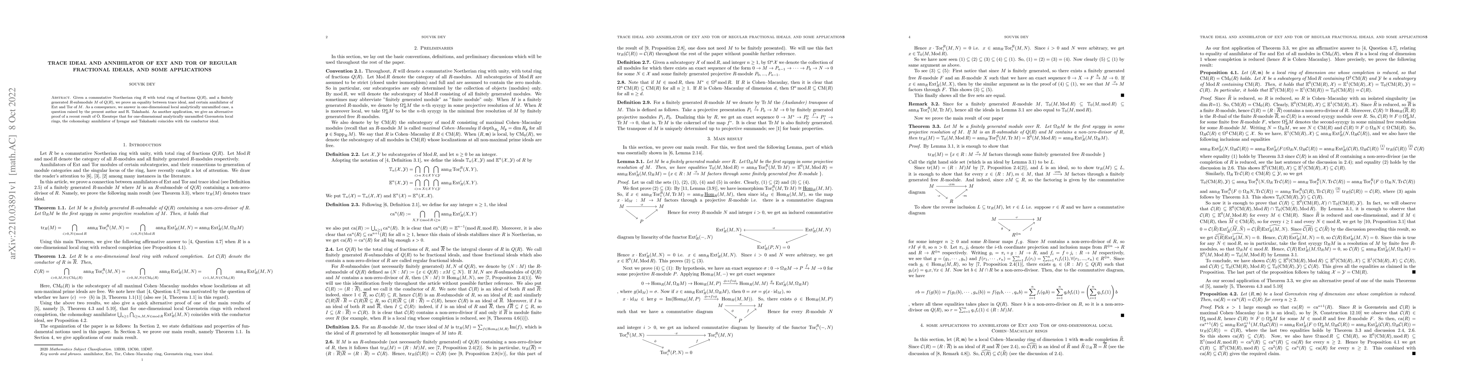 Thumbnail for Trace ideal and annihilator of Ext and Tor of regular fractional ideals,
  and some applications