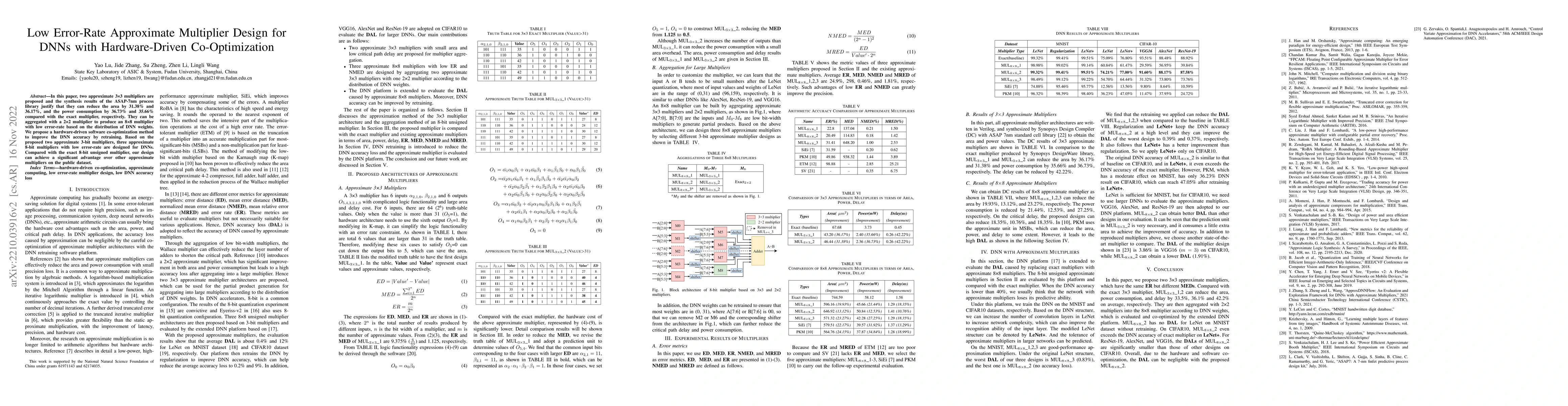 Thumbnail for Low Error-Rate Approximate Multiplier Design for DNNs with
  Hardware-Driven Co-Optimization
