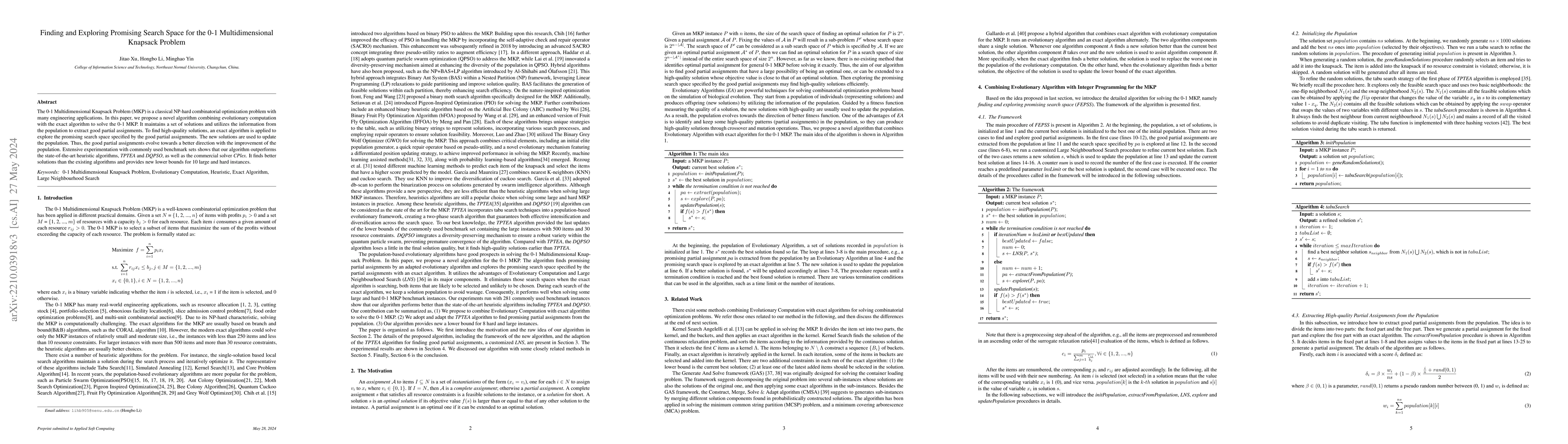 Thumbnail for Finding and Exploring Promising Search Space for the 0-1
  Multidimensional Knapsack Problem