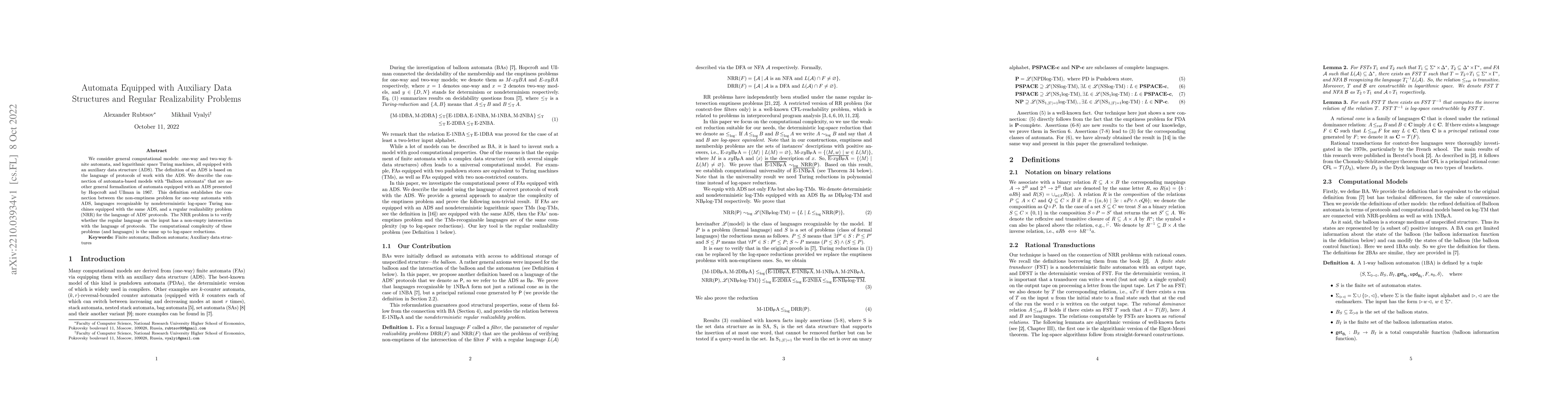 Thumbnail for Automata Equipped with Auxiliary Data Structures and Regular
  Realizability Problems
