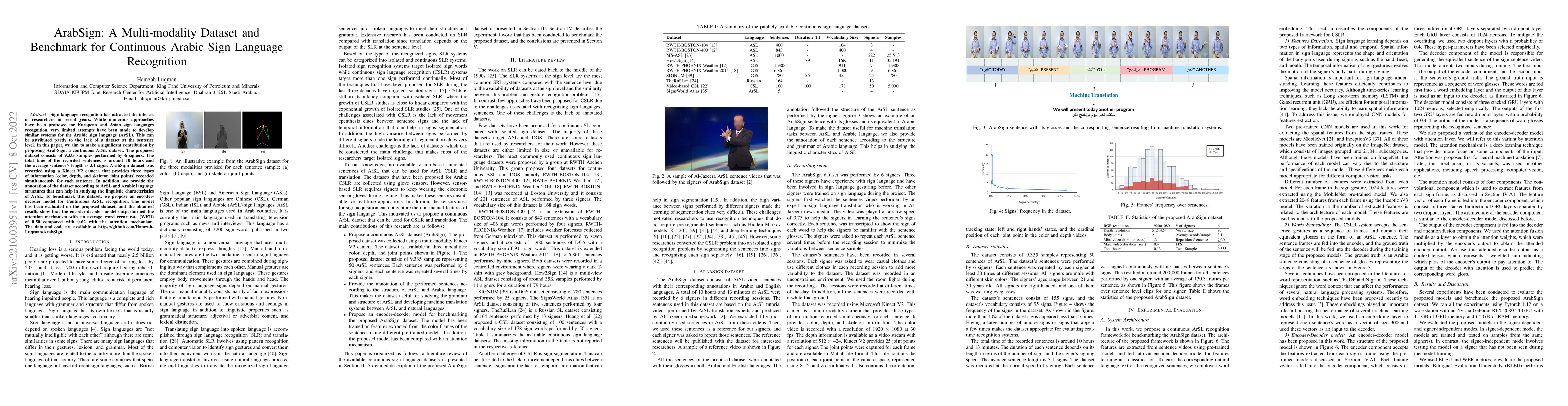 Thumbnail for ArabSign: A Multi-modality Dataset and Benchmark for Continuous Arabic
  Sign Language Recognition