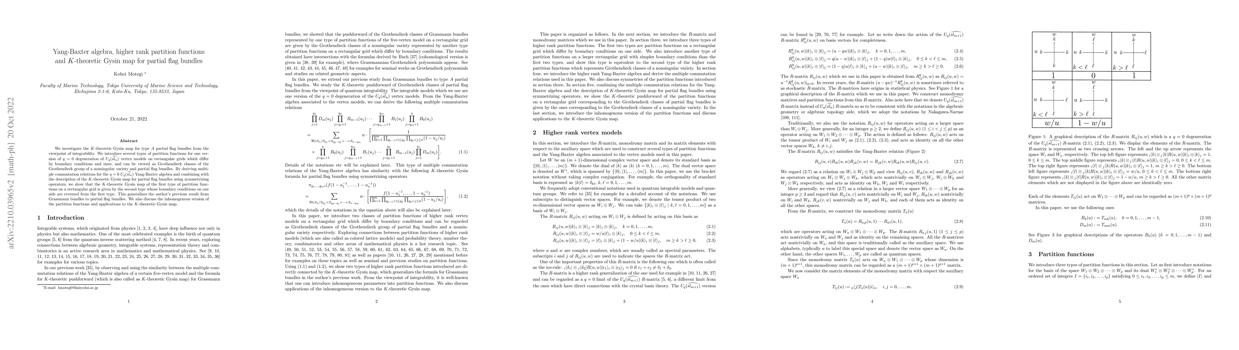 Thumbnail for Yang-Baxter algebra, higher rank partition functions and $K$-theoretic
  Gysin map for partial flag bundles