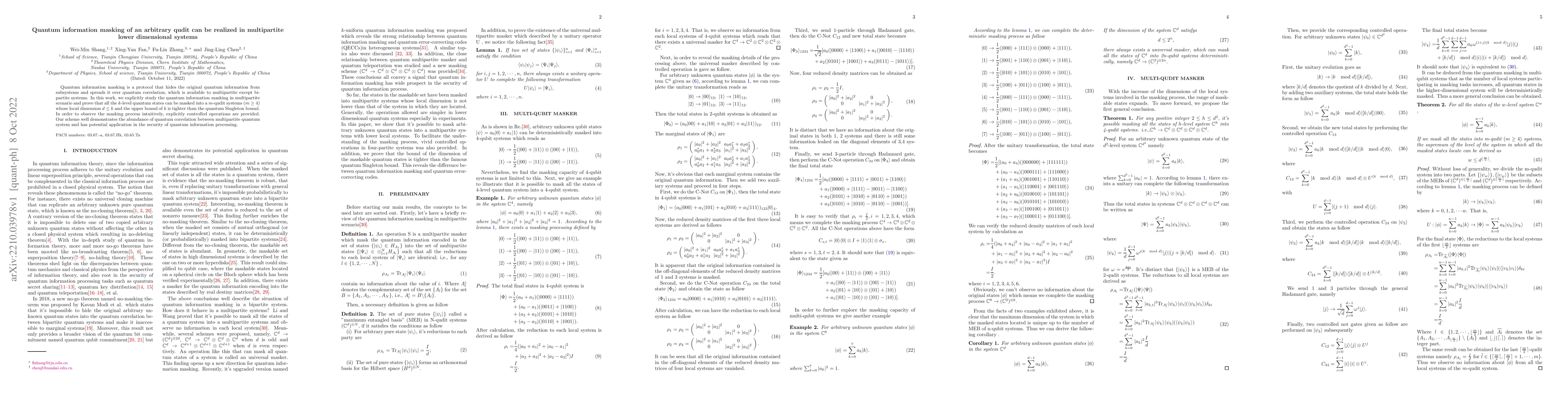 Thumbnail for Quantum information masking of an arbitrary qudit can be realized in
  multipartite lower dimensional systems