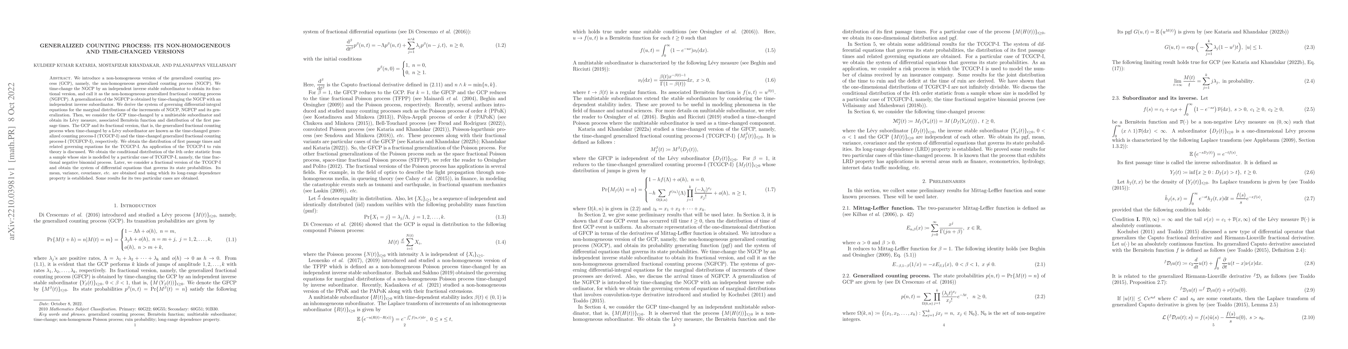 Thumbnail for Generalized Counting Process: its Non-Homogeneous and Time-Changed
  Versions