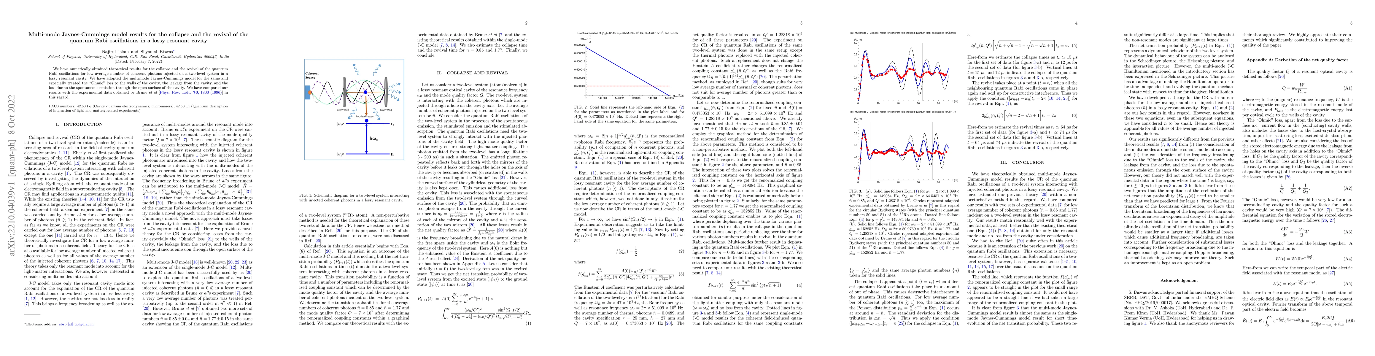 Thumbnail for Multi-mode Jaynes-Cummings model results for the collapse and the
  revival of the quantum Rabi oscillations in a lossy resonant cavity