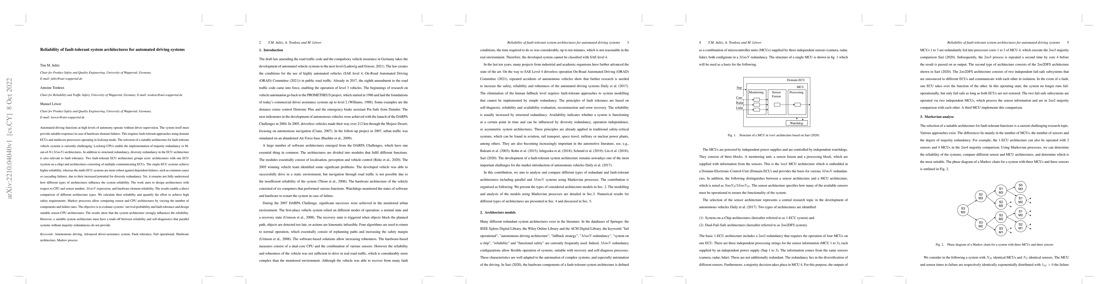 Thumbnail for Reliability of fault-tolerant system architectures for automated driving
  systems