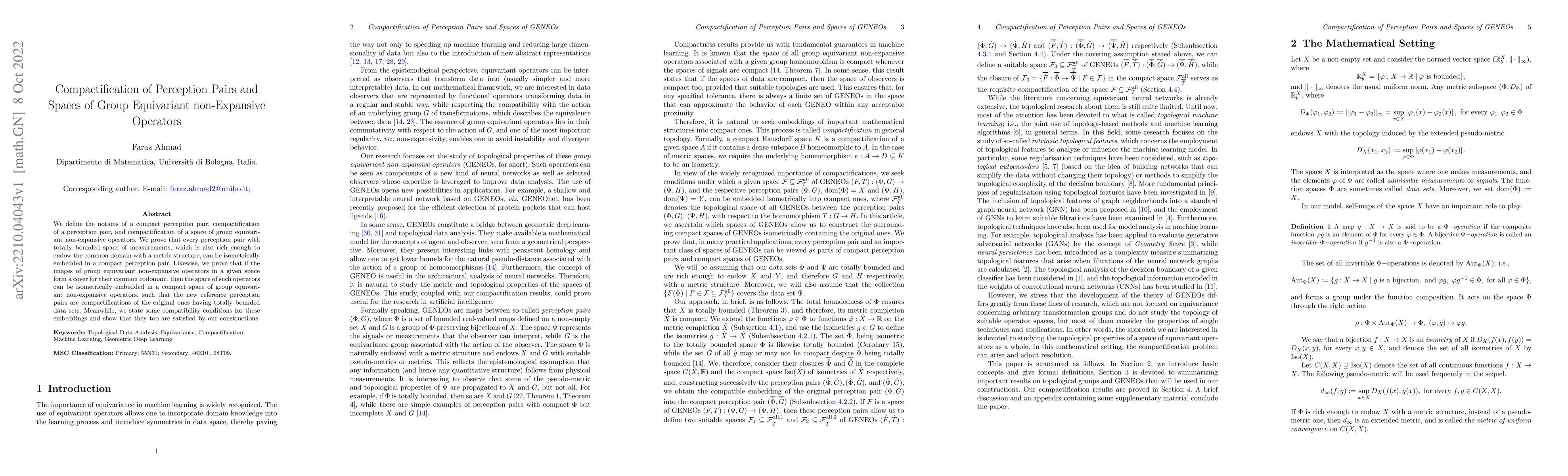 Thumbnail for Compactification of Perception Pairs and Spaces of Group Equivariant
  non-Expansive Operators