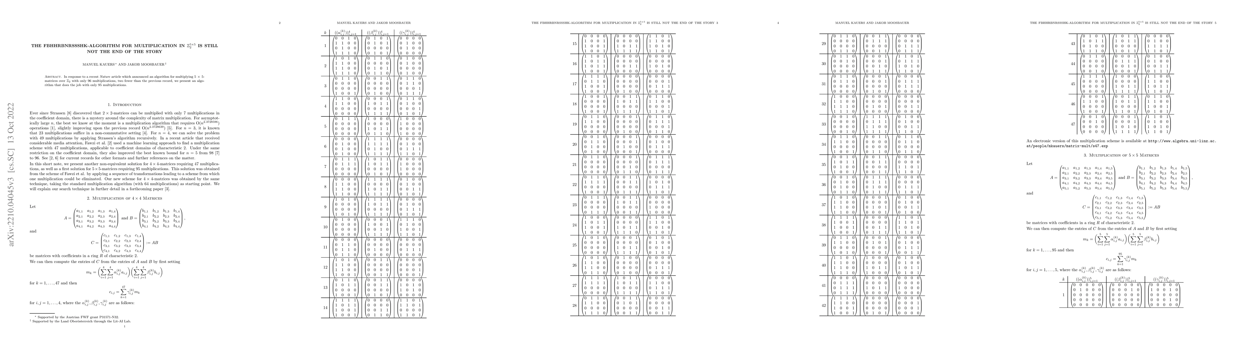 Thumbnail for The FBHHRBNRSSSHK-Algorithm for Multiplication in
  $\mathbb{Z}_2^{5\times5}$ is still not the end of the story