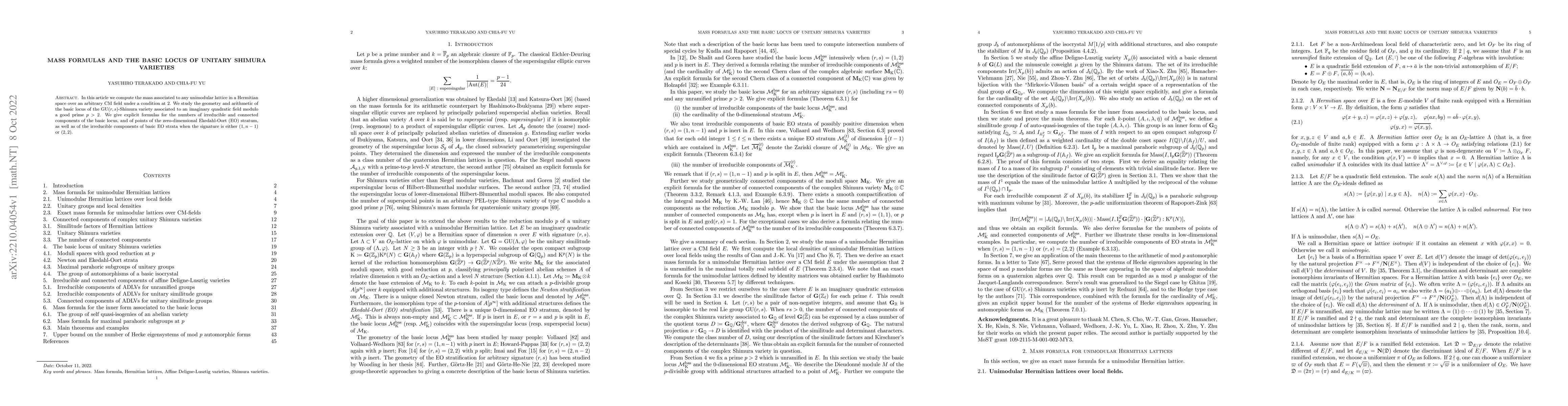 Thumbnail for Mass formulas and the basic locus of unitary Shimura varieties