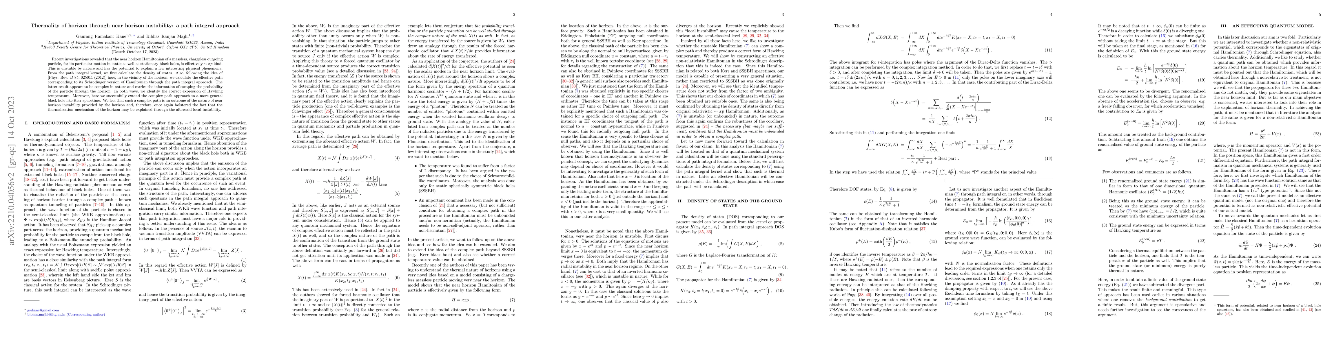 Thumbnail for Thermality of horizon through near horizon instability: a path integral
  approach