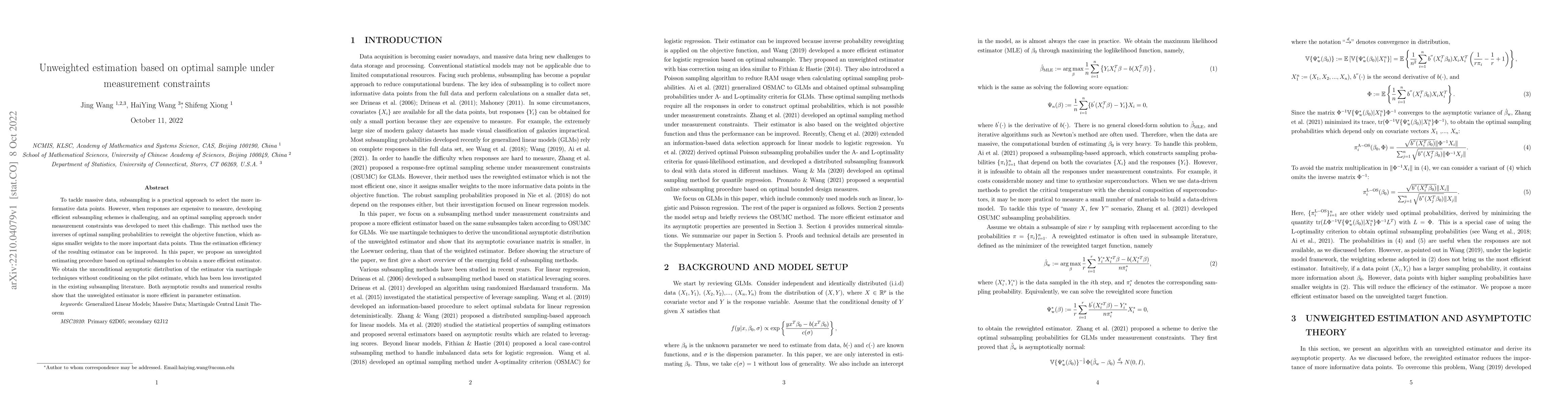 Thumbnail for Unweighted estimation based on optimal sample under measurement
  constraints