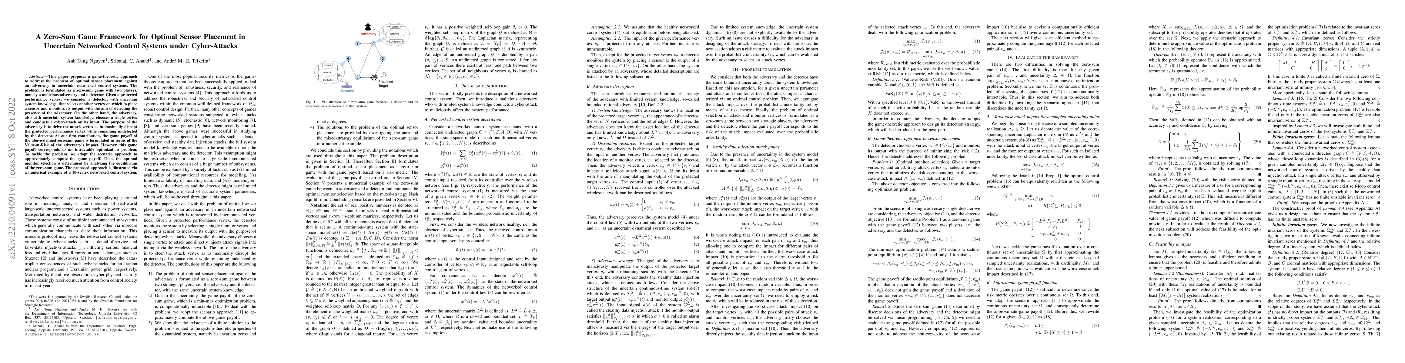 Thumbnail for A Zero-Sum Game Framework for Optimal Sensor Placement in Uncertain
  Networked Control Systems under Cyber-Attacks