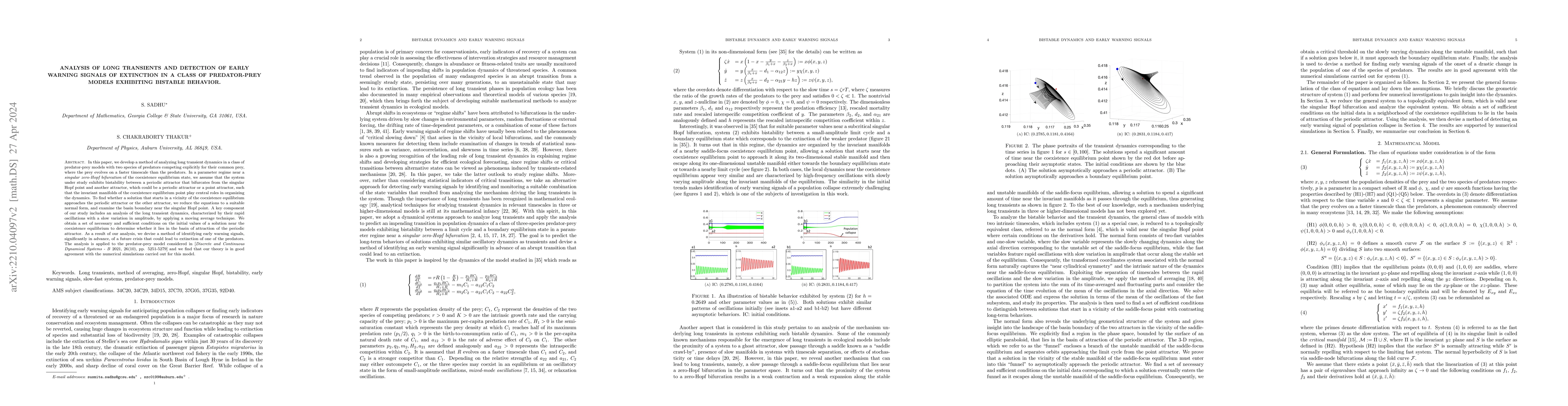 Thumbnail for Analysis of long transients and detection of early warning signals of
  extinction in a class of predator-prey models exhibiting bistable behavior