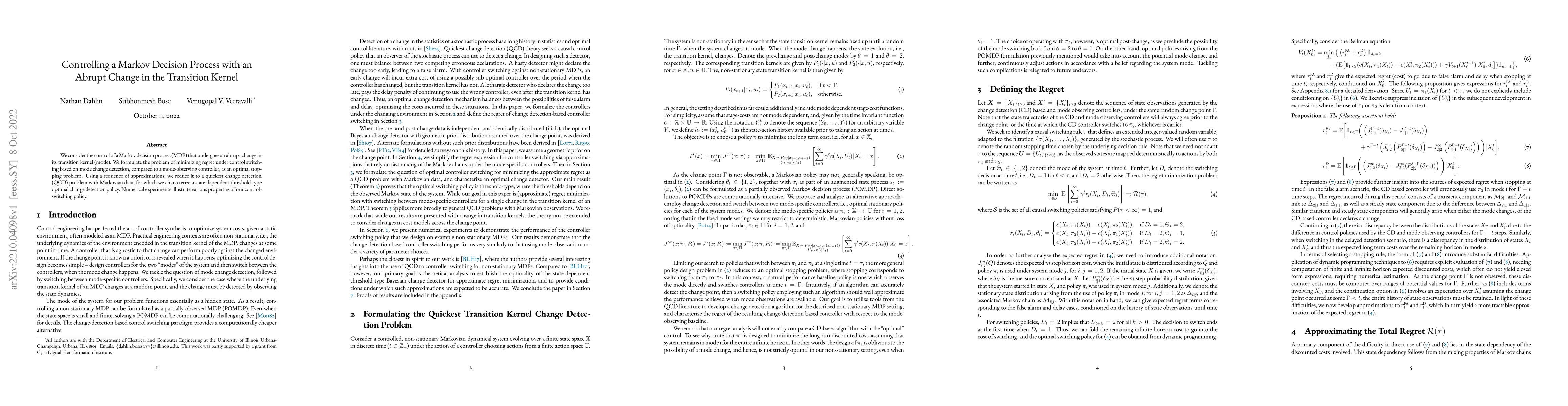 Thumbnail for Controlling a Markov Decision Process with an Abrupt Change in the
  Transition Kernel