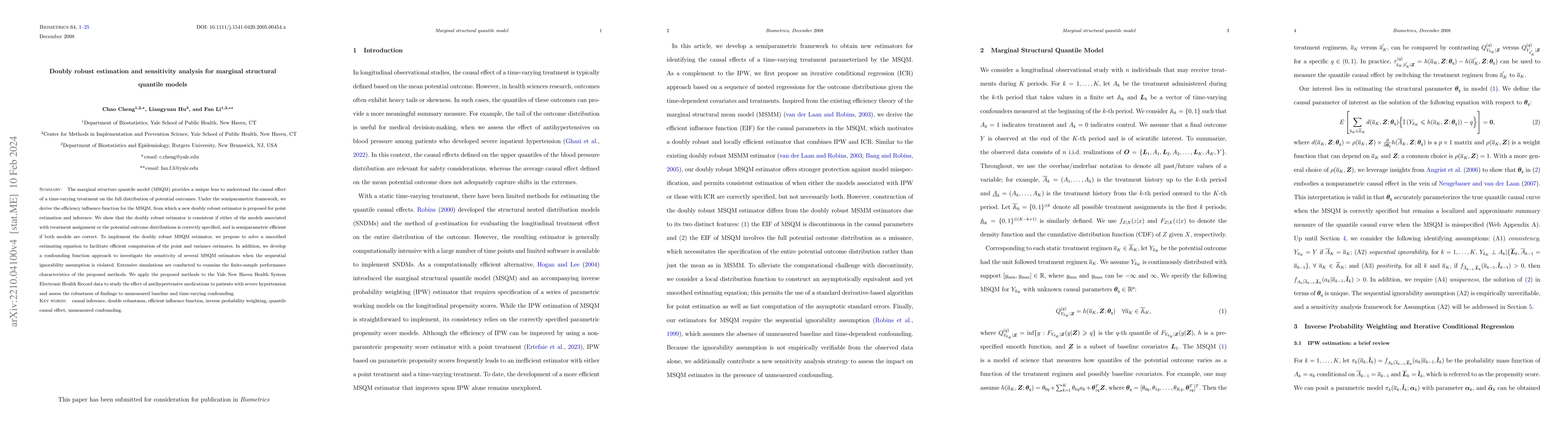 Thumbnail for Doubly robust estimation and sensitivity analysis for marginal
  structural quantile models