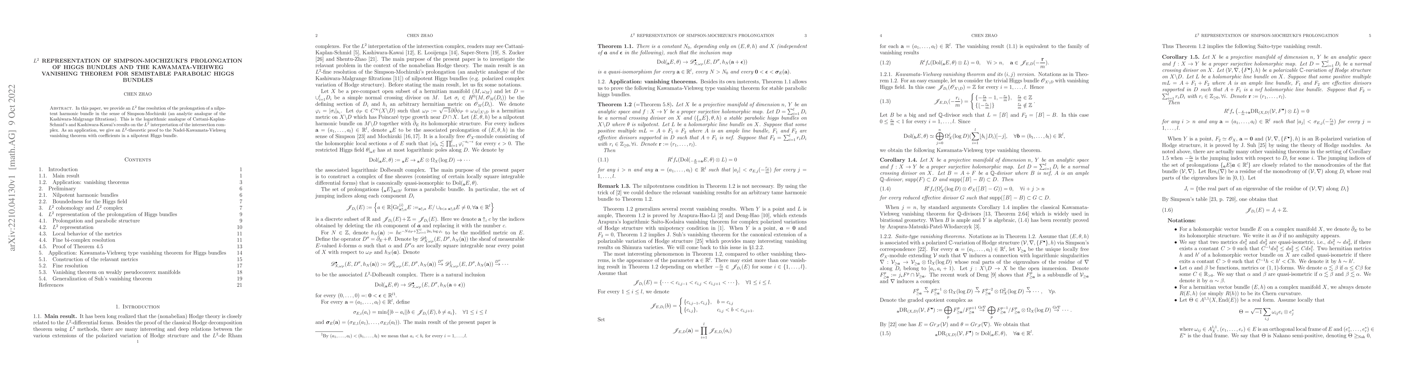 Thumbnail for $L^2$ representation of Simpson-Mochizuki's prolongation of Higgs
  bundles and the Kawamata-Viehweg vanishing theorem for semistable parabolic
  Higgs bundles