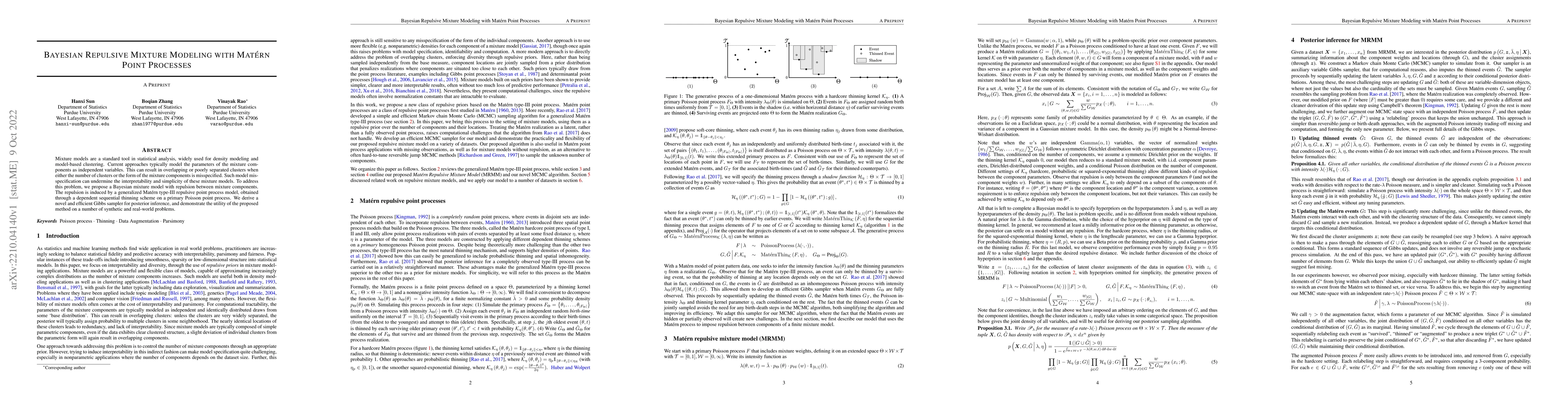 Thumbnail for Bayesian Repulsive Mixture Modeling with Mat\'ern Point Processes