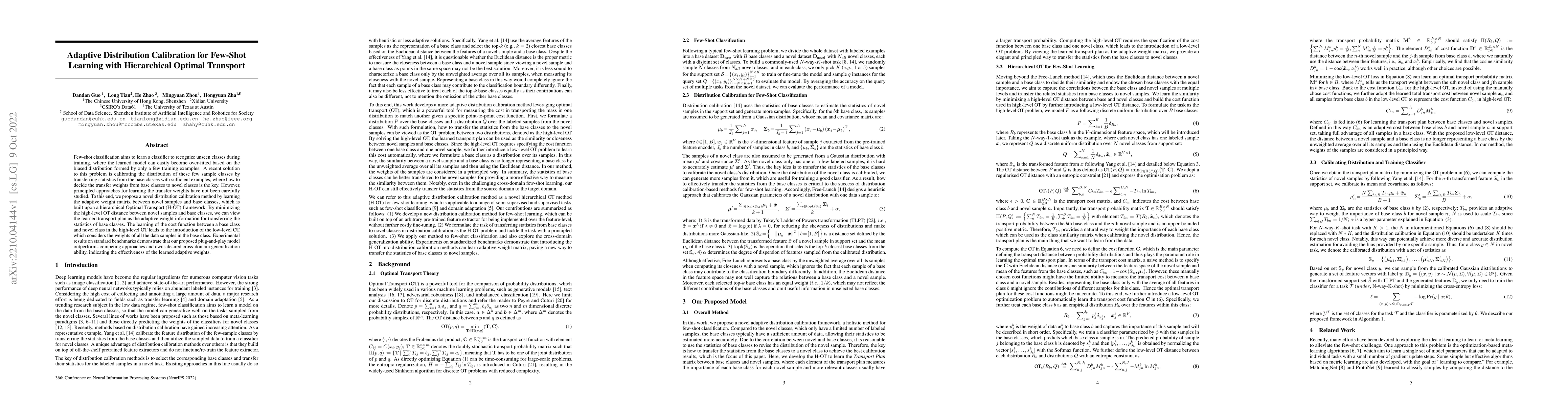 Thumbnail for Adaptive Distribution Calibration for Few-Shot Learning with
  Hierarchical Optimal Transport