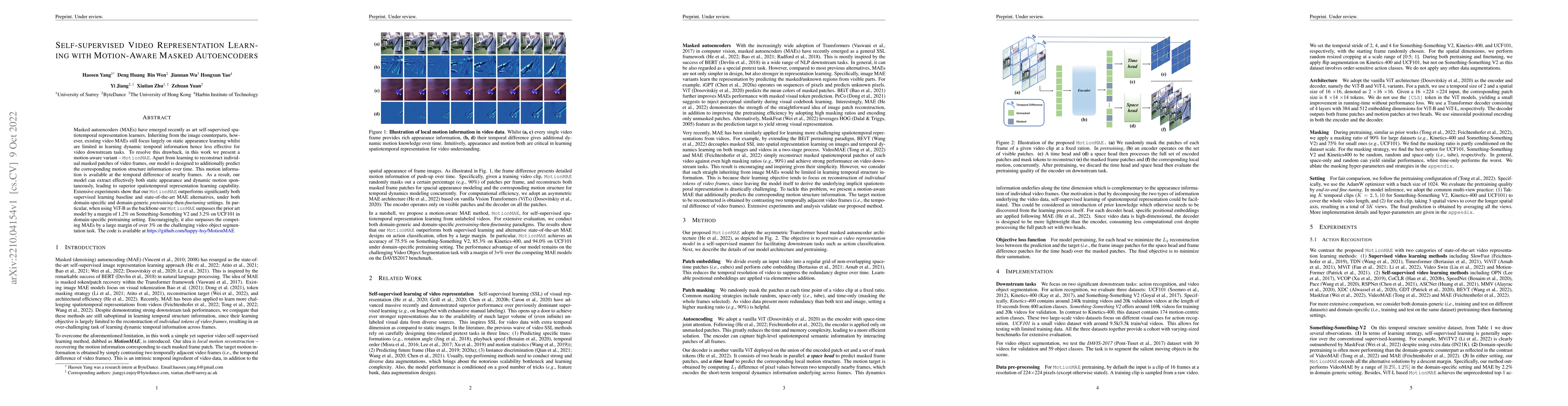 Thumbnail for Self-supervised Video Representation Learning with Motion-Aware Masked
  Autoencoders